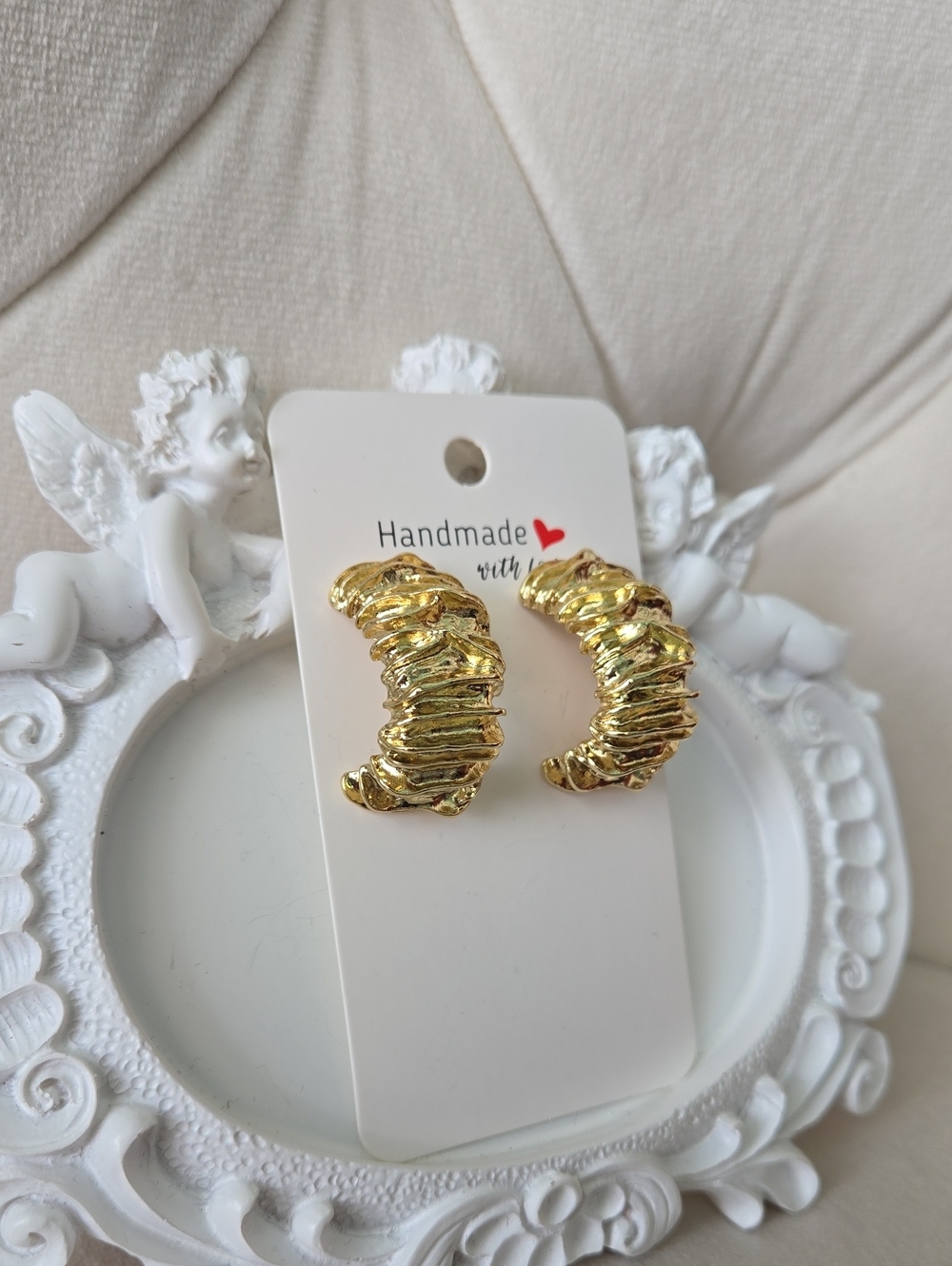 Classic Handmade Textured Curved Hoop Earrings In Ancient Gold, NWT
